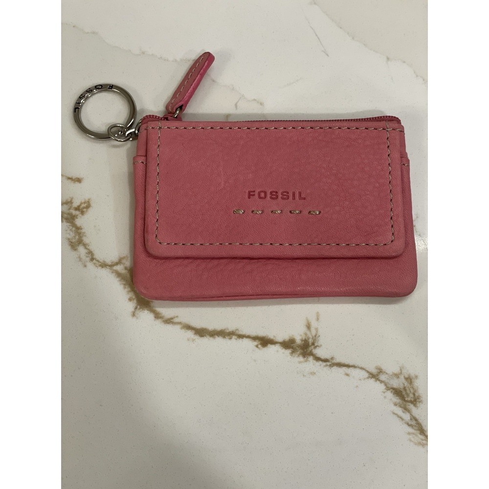 Fossil Card Holder Wallet Keychain Pink Leather Zipper ID Window Pocket Flap